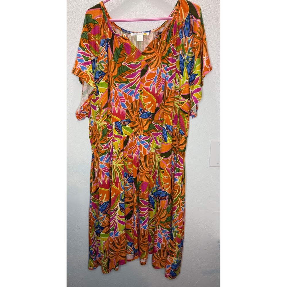 C&C California Tropical Leaf Dress Women's 3X Orange Multi V-Neck Elastic
